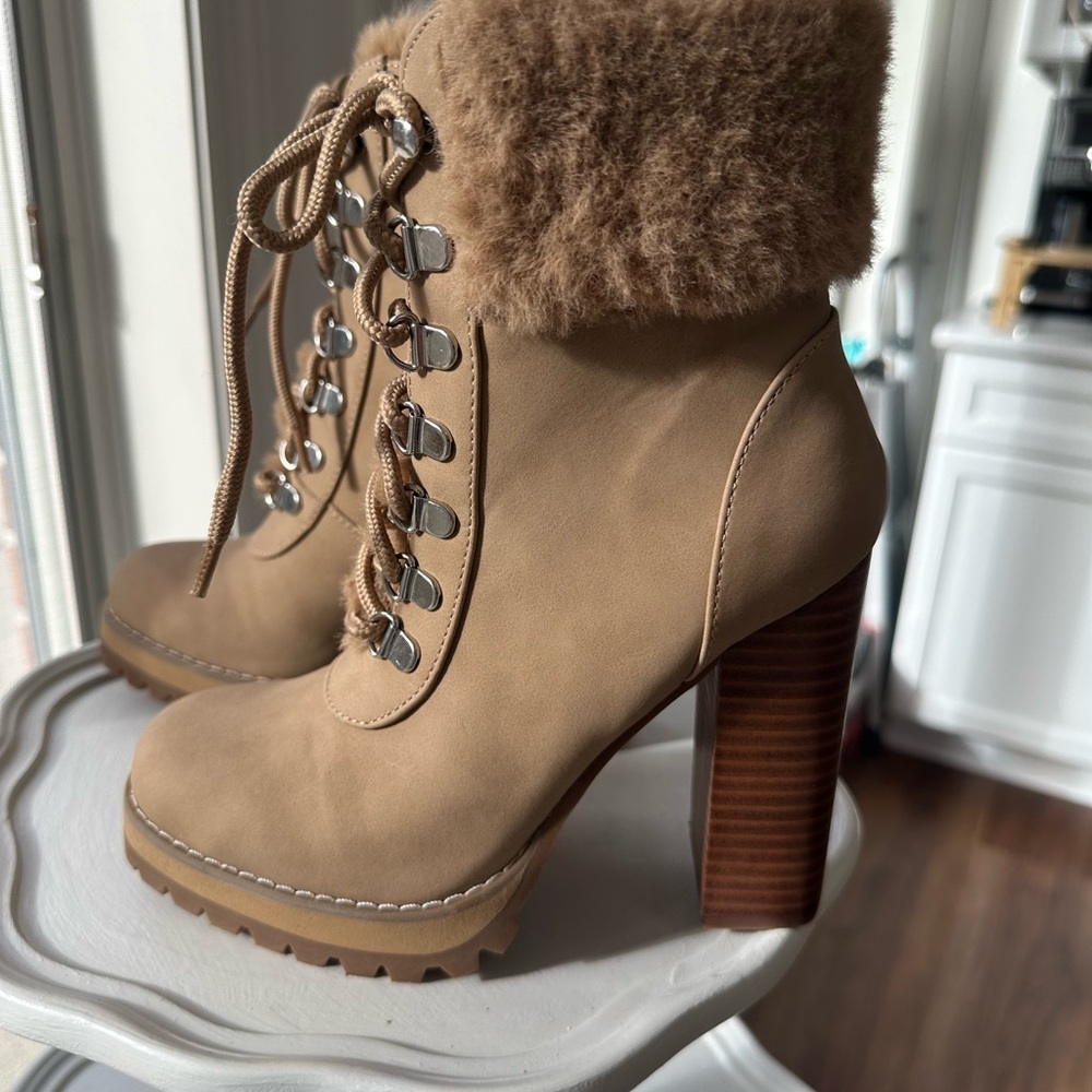 Steve Madden Camel Heeled Boots with Fur Trim